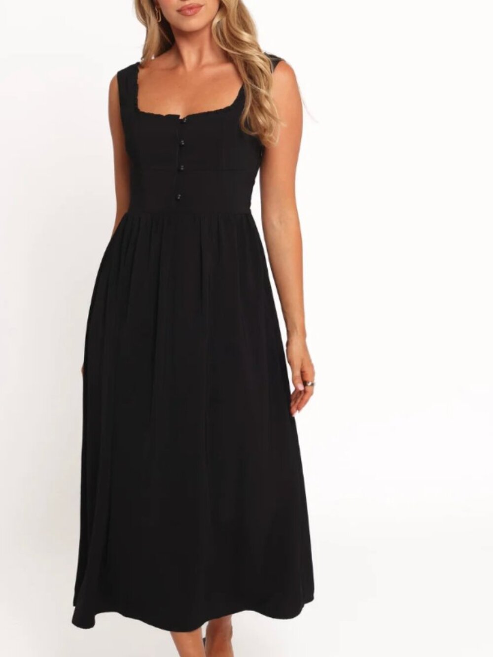 Petal & Pup Melrose Midi Dress Black Square Neck Ruffle A-Line